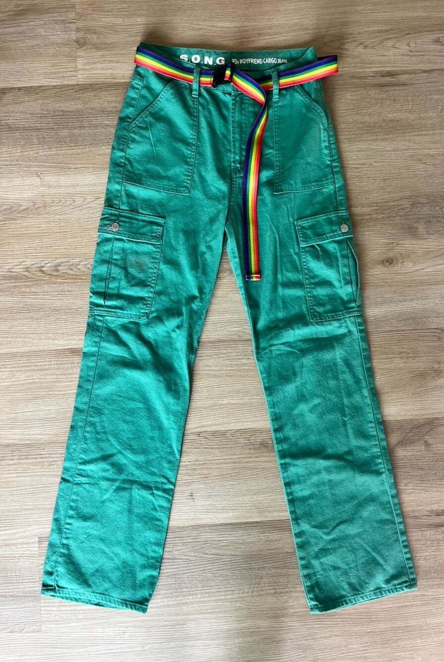 S.O.N.G., 90s Boyfriend Baggy Cargo Jean, Wide Leg, Green Denim, Size 9/29